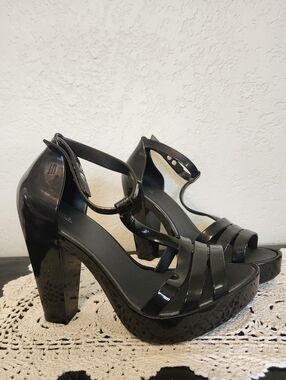 Melissa Dreamy Black Gloss Jelly Platform Heels with Ankle Strap US 9